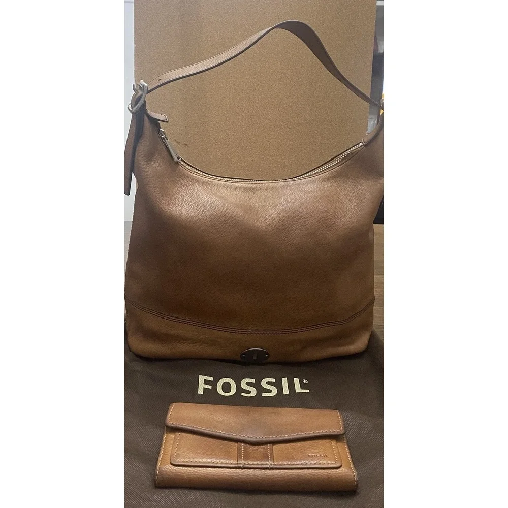 Fossil Brown Leather Hobo Shoulder Bag W Matching Wallet & Dust Bag